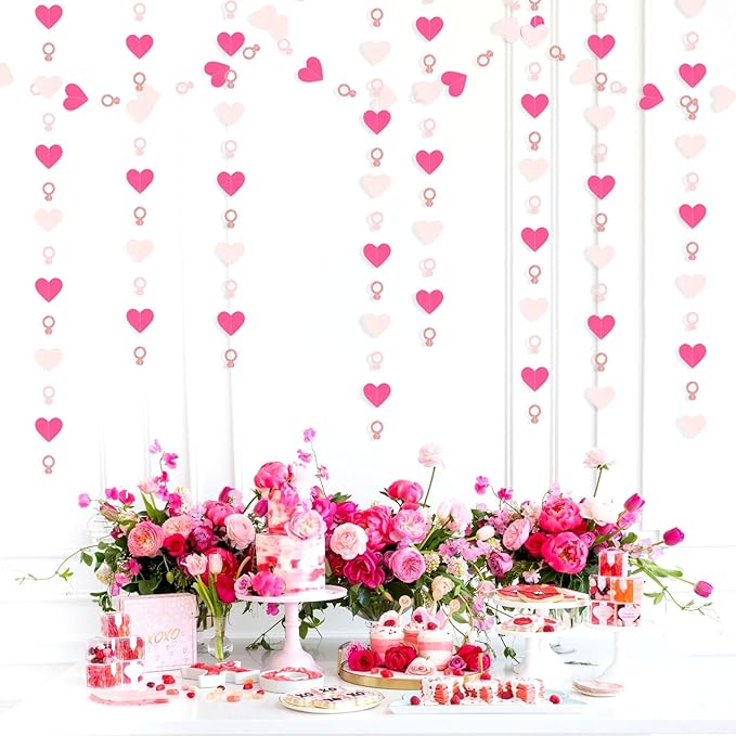 Hot-Pink Rose Gold Heart-Ring Garland - 52Ft Engagement Bachelorette Party Decorations Wedding Paper Streamers Banner, Valentines Day Galentines Proposal Decor Lasting Surprise