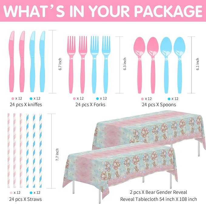 Bear Gender Reveal Decorations Party Tableware - Bear Boy Or Girl Gender Reveal Supplies, Paper Plate, Cup, Napkin, Tablecloth, Cutlery, He Or She Table Decorations | Serves 24