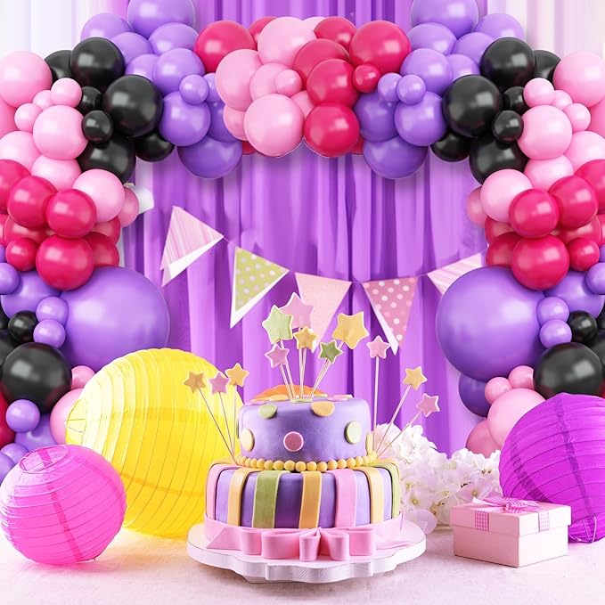 Hot Pink and Purple Balloon Arch Garland Kit, Rose Red Black Pink Purple Latex Balloon, Party Balloons for Girls Boys Birthday Party Decor Supplies
