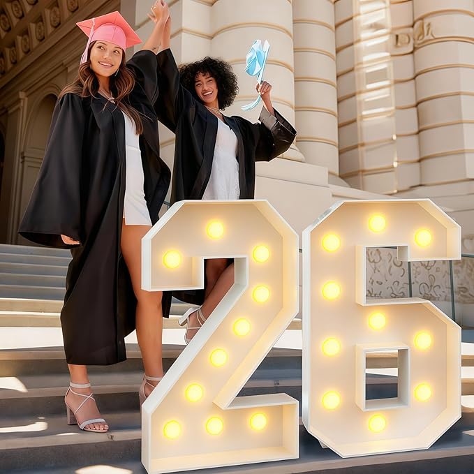 4ft Light Up Numbers 26 Number with Lights Bulbs White Marquee Frame Slots-in for 26th Birthday Party Decorations Pre-Cut Mosaic Cardboard Large Cut-Out Thick Foam Board 26 Sign Graduation New Year