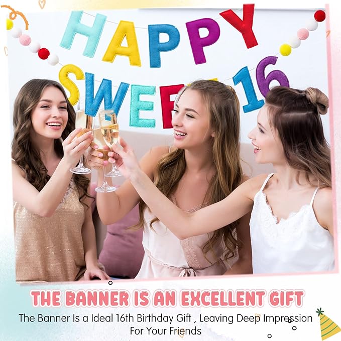 Fulmoon Pre Strung Happy Sweet 16 Banner Sixteenth Birthday for Girls Decorations Sweet 16th Party Sign for Birthday Bachelorette (Vibrant,Felt,Macaron Color)