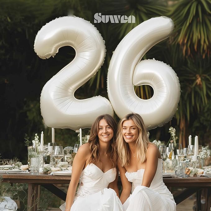 SUWEN 40 Inch Large Cream White 26 Balloon Numbers Big Foil Helium Number Balloons 0-9 Jumbo Happy 26th Mylar Birthday Party Decorations for Women or Men 62 Anniversary Party Supplies