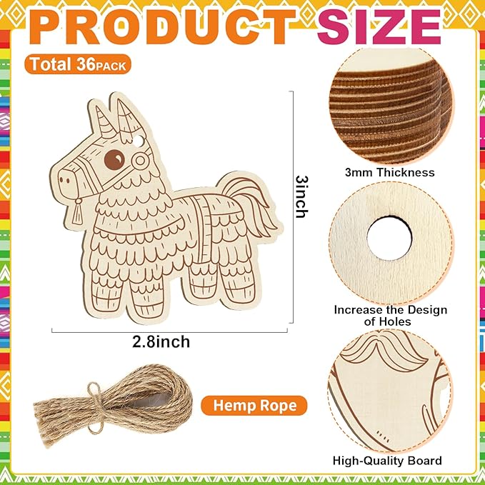 36PCS Wooden Cinco De Mayo Crafts Decorations Mexican Fiesta Party Ornaments to Paint, 12 Styles DIY Blank Unfinished Wood Cutouts for Tree Hanging Mexican Theme Carnival Taco Birthday Party
