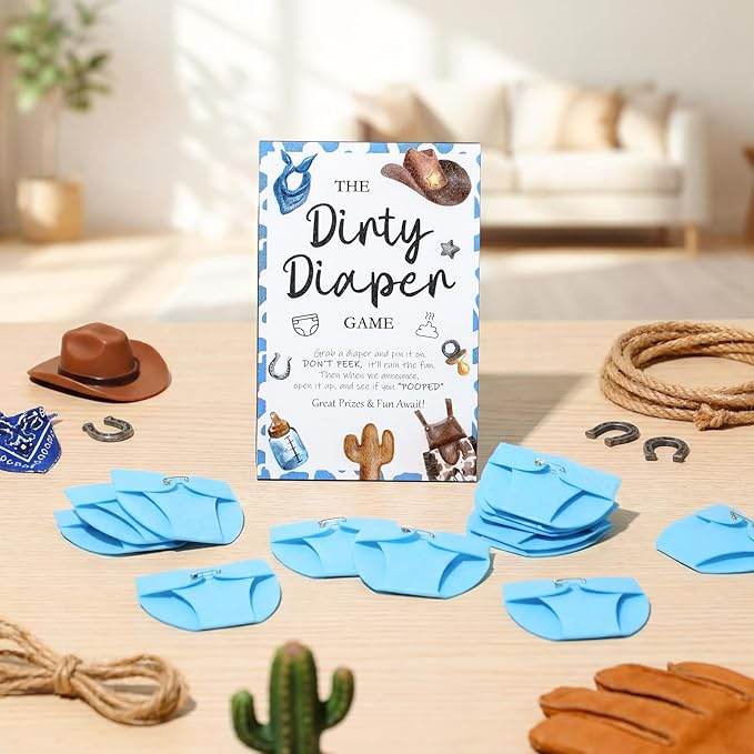 Roowest 51 Pcs Dirty Diaper Baby Shower Games Funny Wooden Sign with 50 Pcs Mini Diapers Cute Felt for Gender Reveal Party Baby Shower (Blue Cowboy)