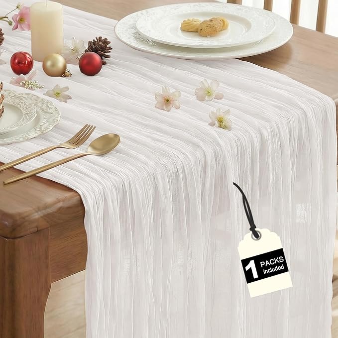 IVAPUPU 1 Pcs Cheesecloth Table Runner - 10ft Ivory White Easter Spring Boho Gauze Cheese Cloth Table Runners for Baby Shower Decoration Wedding Party Garden Farmhouse