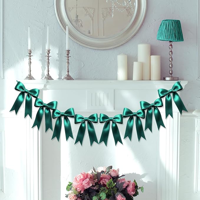 2 Strings of 16PCS Dark Green Bow Garlands Banner Decoration,Pre-Strung Satin Ribbon Ornaments for Birthday,Bachelorette Party,Bridal Shower,Wedding,Engagement,Baby Shower,Graduation Decor,Anniversary