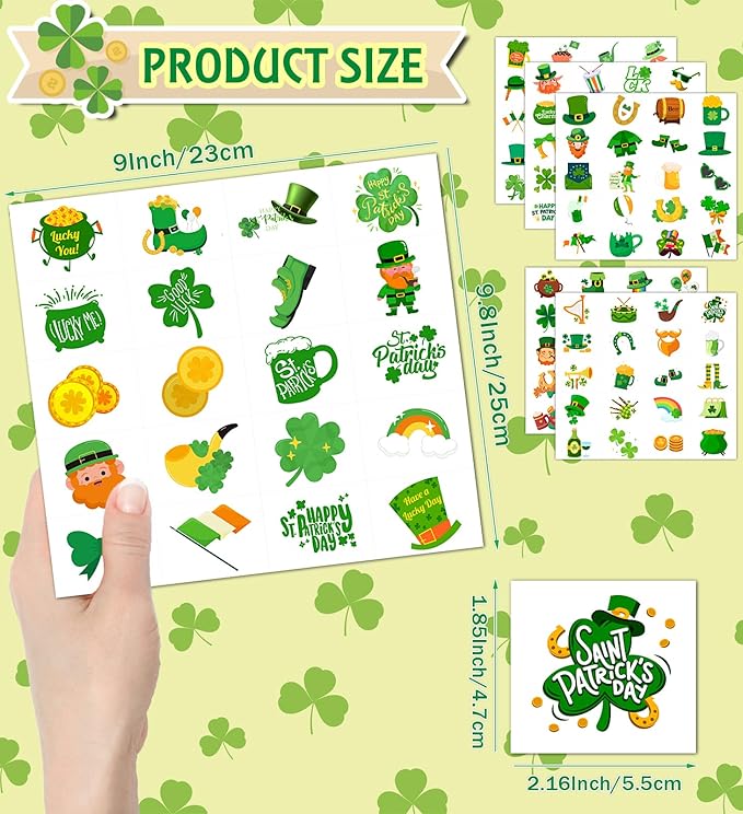 St. Patrick's Day Temporary Tattoos for Kids & Adults, 120 Irish Shamrock, Leprechaun, Gold Coins, Beer Mug Designs Waterproof & Easy to Apply Party Favors for Parade, School, Photo Booth, Cosplay