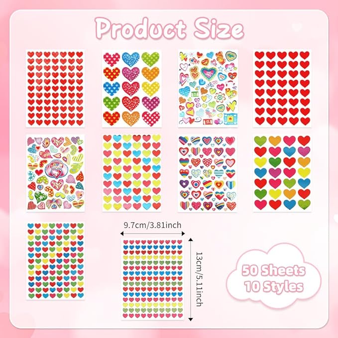 Heart Stickers, 3140 Pcs Small Heart Sticker Bulk, 50 Sheets Gilter Self Adhesive Love Sticker for Card Envelopes Gifts Craft Scrapbooking Wedding Mother's Day Valentines Day Party Decorations Favors