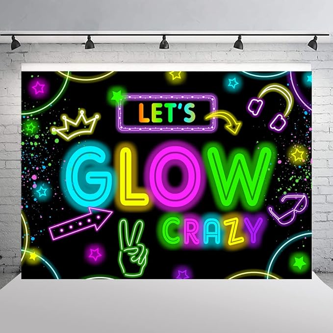 Neon Glow Party Decorations Supplies Backdrop 7x5ft Glow in The Dark Let’s Glow Banner Photography Background Birthday Sleppover Graffiti Splash Paint Black Light Kids Photo Booth