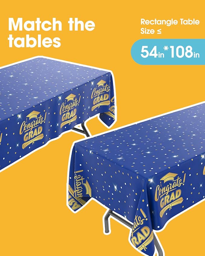Graduation Blue Plastic Table Cloth - 4 Pack 54" × 108" Rectangle Disposable Tablecloths for 6FT Tables, Table Cover for Party, Holiday & Gathering Use