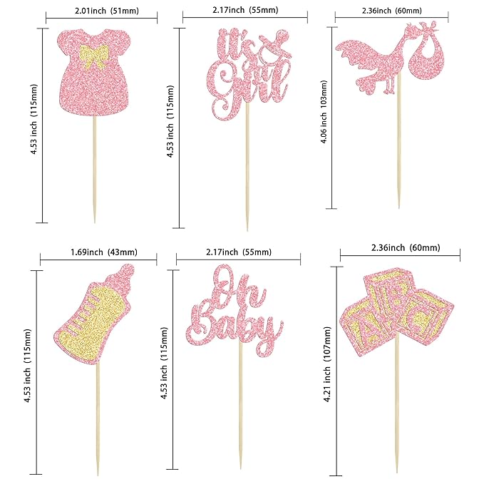 Gyufise 24Pcs Oh Baby Cupcake Toppers Glitter It's a Girl Cupcake Picks Bow Dress Baby Bottle Baby Shower Cake Decorations for Gender Reveal Baby Shower Kids Girls Birthday Party Supplies Pink