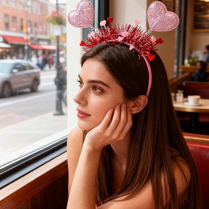 1pcs Valentines Headband Romantic Heart Headbands with Pink Sequin Hair Accessories Shiny Pink Heart Tassel Head Bopper for Valentines Wedding Anniversary Decorations