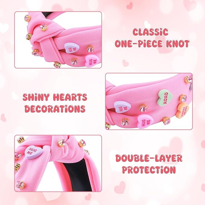 Valentine’s Day Headbands for Women, Candy Love Conversation Heart Headbands, Rhinestone Jeweled Trendy Pink Knotted Headband for Valentines Outfit, Valentine’s Day Gifts Hair Accessories for Her