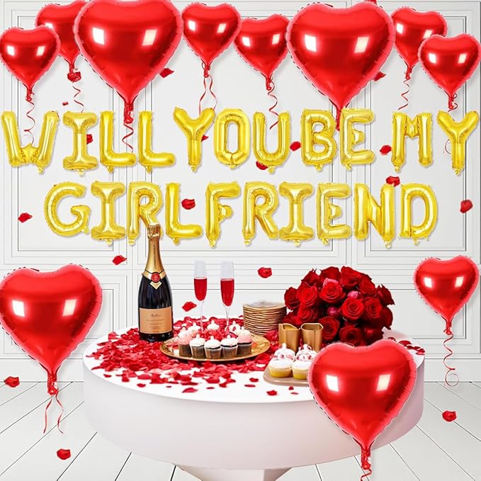 2 set 16 inch Will You be My Girlfriend Balloons and Heart Balloons with 1000 Pieces Rose Petals, Gold Letter Balloon for Her Valentines Day Decorations Wedding Anniversary Engagement