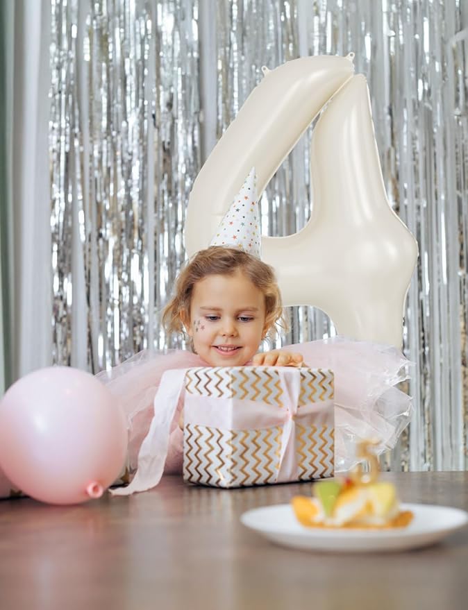 Cream Number 4 Balloons – 40 Inch Giant Foil Number Balloon, Light Cream Number Balloon for Birthday Anniversary Baby Shower Party Decorations