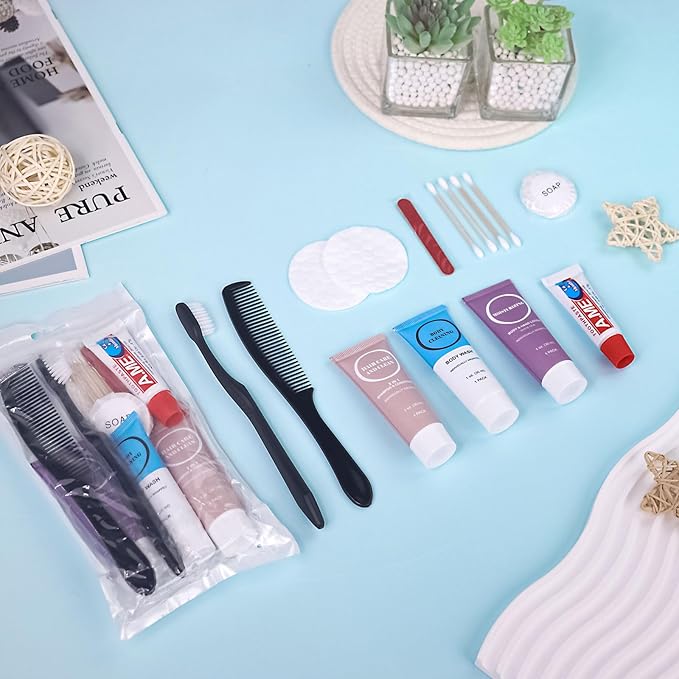Toiletries Kits Bulk Disposable Travel Supplies, Personal Hygiene Care Essentials Men Women Trial Size Toiletry Sets Amenities for Hotel/Camping/ Charity/Homeless/Shelter/Relief 7 in 1 (60 Pack)