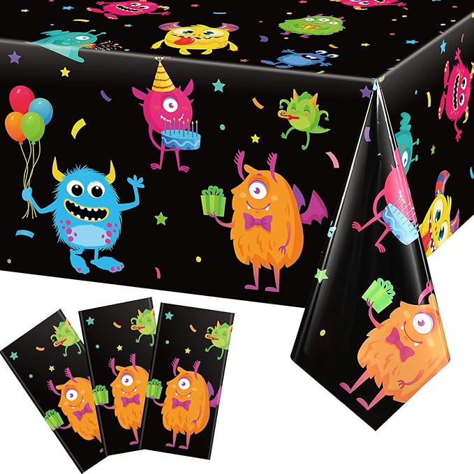 Buryeah 3 Pieces Monster Table Covers Plastic Little Monster Birthday Table Cloths for Kids Boys Birthday Party Decoration Supplies, 54 x 108 Inch