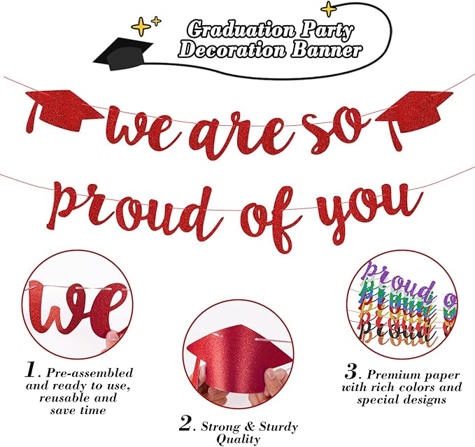 2026 Graduation Decorations Pre-Strung Blingbling We Are So Proud of You Banner Glitter Graduation Garland for Class of 2026 High School College Grad Party (Purplish Red)
