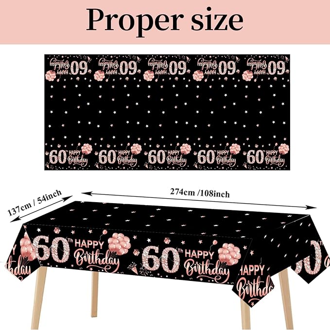 3 Pack Pink Rose Gold 60th Birthday Tablecloth Decorations - Happy Sixty Theme, Plastic Disposable Rectangular Table Cloth Decor