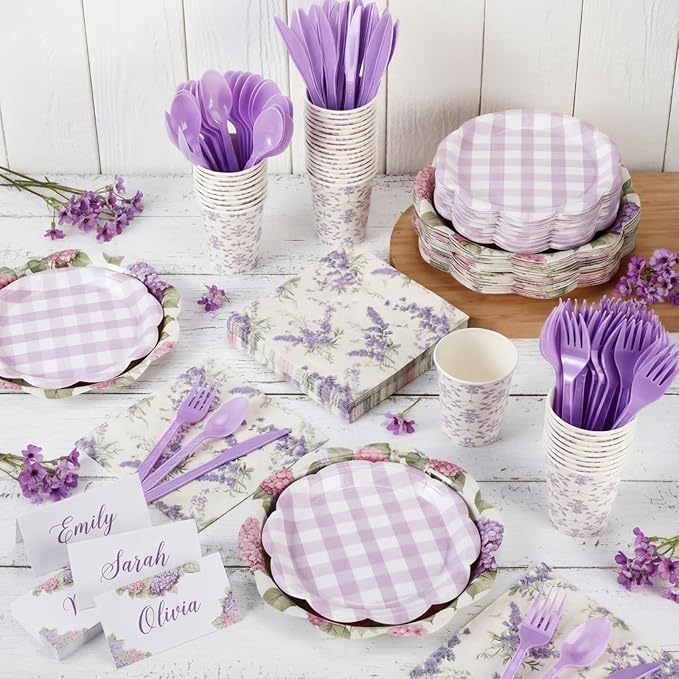 Shellwei 410 Pcs Purple Hydrangea Tea Party Decorations Elegant Floral Paper Plates and Napkins Set Disposable Party Tableware Sets with Cups Knives Forks Spoons Seat Card Favors for 50 Guests