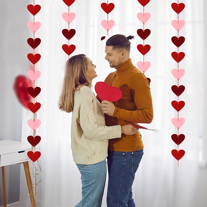 12 PCS Valentines Banner, Hanging Valentines Decor, Pre-Assemble Heart Banner Galentines Day Decorations for Holiday Classroom School Home Backdrop Decor（Red, Pink, Burgundy）
