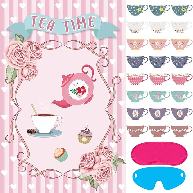 Hooqict Tea Party Games: Pin the Tea Cup on the Saucer, Large Decorations with 24 Cup Stickers for Girls' Birthday Party