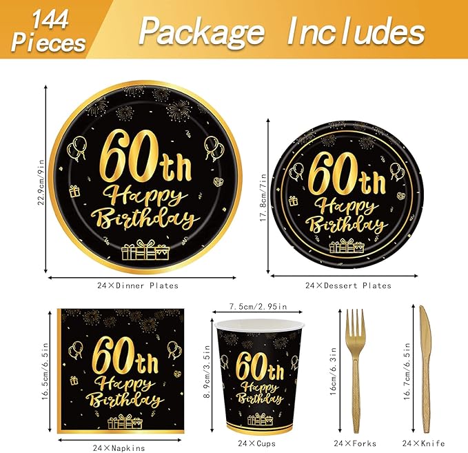 144PCS 60th Birthday Plates and Napkins Birthday Party Supplies 60th Birthday Party Decorations for Men Women Disposable Party Tableware Including Paper Plates Napkins Cups Forks Serve 24