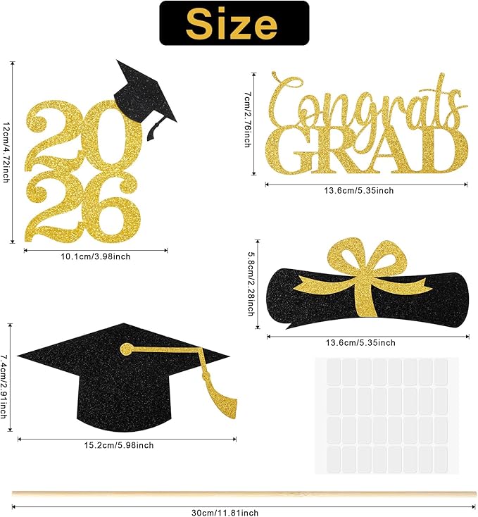 Graduation Decorations 2026, 16 PCS Black Gold Graduation Centerpieces for Tables, Double-Sided Table Toppers Centerpieces, Class of 2026 Grad Party Decorations 2026