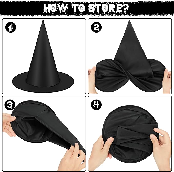48 PCS Halloween Witches Hat, Black Witch Hat Hanging Halloween Decorations Floating Witches Hats Witch Costume Accessories Wizard Hats with 1312 FT Nylon Cord Indoor Outdoor Home Yard Decorations
