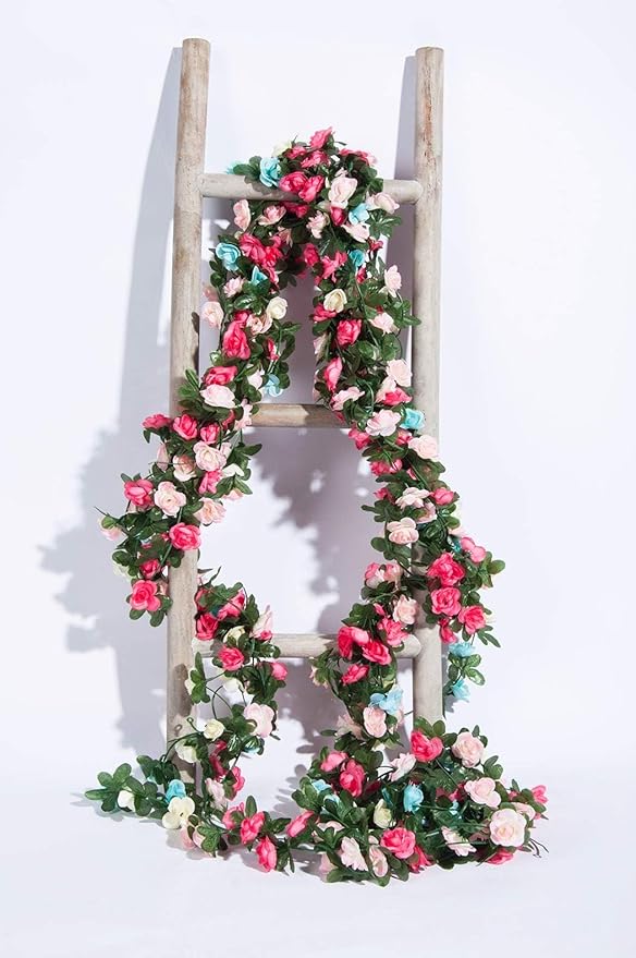 Miracliy 8Pcs 66FT Pink Flower Garland, Blue and White Artificial Rose Floral Vines Fake Hanging Spring Flower Garland for Wall Backdrop Wedding Arch Tea Party Door Mantle Decoration