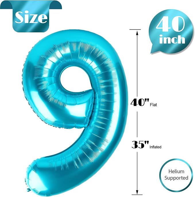Light Blue Number 9 Balloon 40 Inch, 9 Balloon Number, 9th Birthday Decorations, Light Blue Party Supplies for Boys Girls