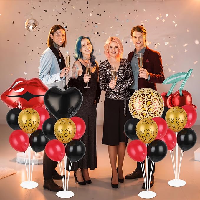 4 Sets Leopard Party Balloons Stand Kit with Black Love Red Lip Foil Balloons Centerpiece for Tables Leopard Print Cherry Party Balloon for Holiday Leopards Birthday Parties Theme Decorations Supplies