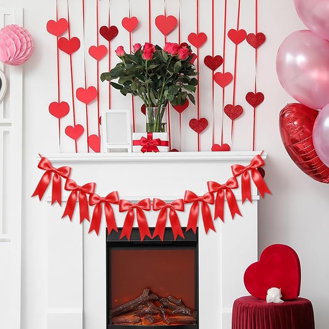 2 Strings of 16PCS Red Bow Garlands Banner Decoration,Pre-Strung Satin Ribbon Ornaments for Birthday,Bachelorette Party, Bridal Shower,Wedding,Engagement, Baby Shower,Graduation Decor,Valentine's Day