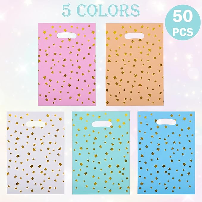 50pcs Party Favor Bags for Kids Birthday Goodies Bags, Plastic Gift Bags for Kids Girls Boys Candy Birthday Party Favor Gift Wraps (50pcs star pattern 5colors)