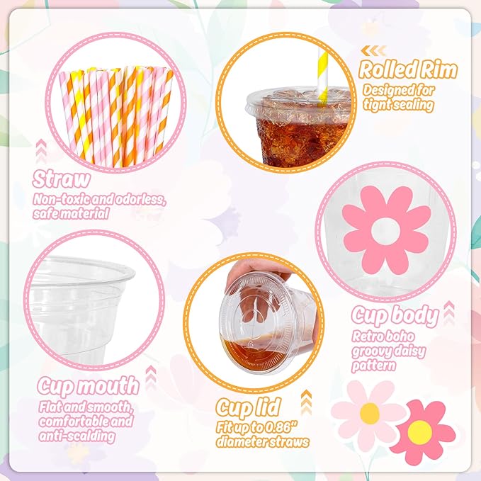 Whaline 60Pcs 12Oz Daisy Disposable Plastic Cups with Lids and Straws Retro Boho Groovy Flower Cold Beverage Drinking Cups for Wedding Birthday Baby Shower