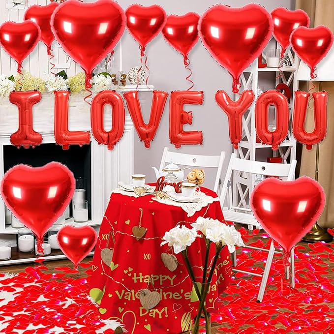 2 set 16 inch I Love You Balloons and Heart Balloons with 500 Pieces Rose Petals, Red I Love You Letter Balloon for Him/Her Valentines Day Decorations Wedding Anniversary Engagement