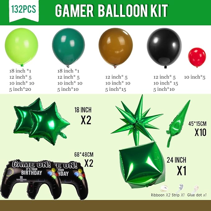 Video game Balloon garland kit 135pcs Green Black brown balloons with Controller Star mylar balloons Gamer night Decorations For Boy gaming birthday party supplies