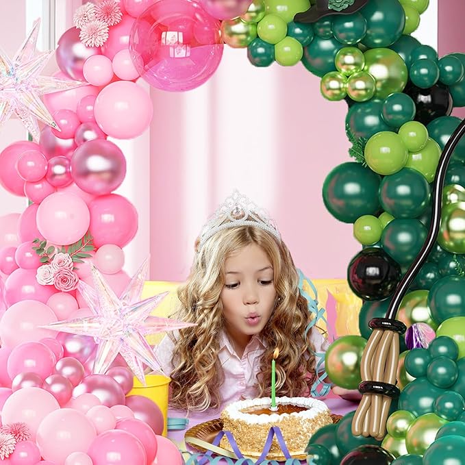 Pink and Green Witch Party Decorations,164 Pcs Light Pink Deep Green Black Balloon Arch Kit with Iridescent Exploding Star Balloons for Princess Witch Birthday Party Fairy Wonderlad Party Supplies