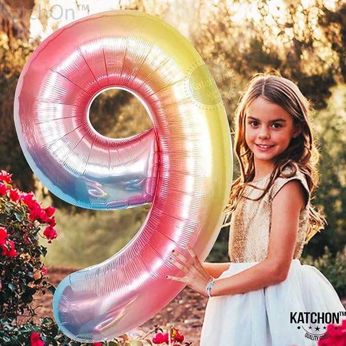 KatchOn, Huge 40 Inch, Rainbow 9 Balloon - Cloud 9 Party Decorations | Nine Balloon for On Cloud 9 Birthday Decorations for Girls | 9th Birthday Decorations for Girls | Rollerskating Birthday Party
