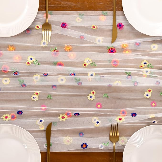 Socomi Ivory White Embroidery Daisy Spring Easter Floral Wildflower Tulle Gauze CheeseclothTable Runners for Wedding Party Baby Shower Birthday Holiday Picnic Home Decor 1pc