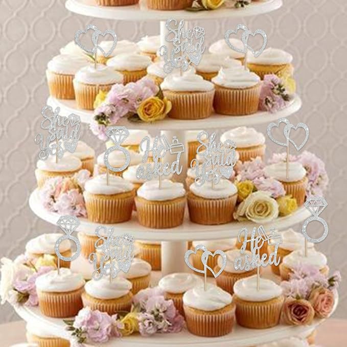 BEISHIDA He Asked She Said Yes Cupcake Toppers, 24 Pcs Engagement Cupcake Toppers Glitter Diamond Ring Heart Cupcake Picks for Wedding Engagement Bridal Shower Party Cake Decorations(Silver)