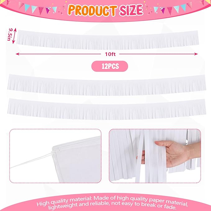 Taiyin 12 Pack 120 Feet White Fringe Garland Tissue Paper Fringe Tassel Party Garland Wall Hanging Banner Backdrop Streamers for? Christmas Wedding Birthday Autumn