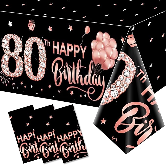 3 Pack Rose Gold 80th Birthday Tablecloth Decorations - Happy Eighty Birthday Theme Table Cover Party Supplies, Plastic Disposable Rectangular Table Cloth Decor