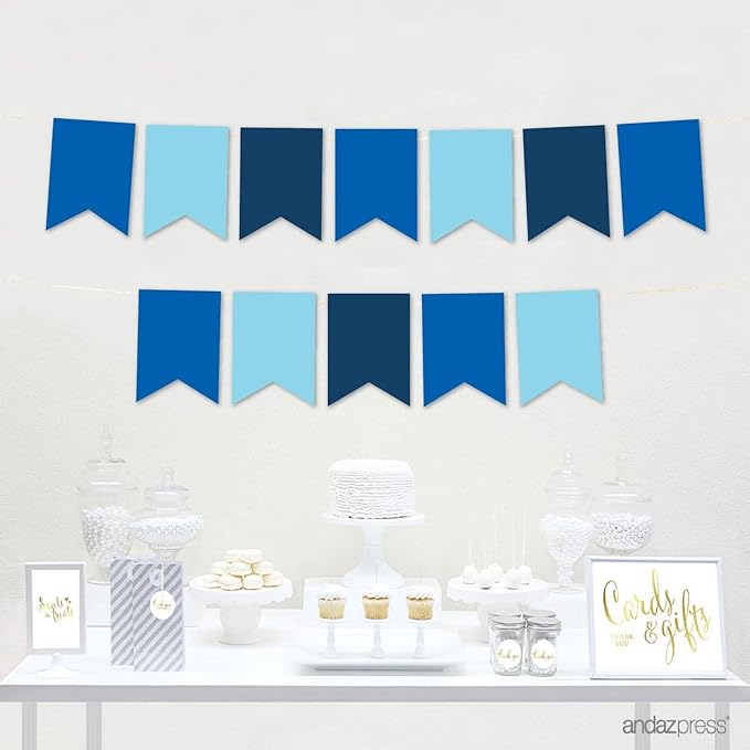 Andaz Press Hanging Pennant Banner with String, Baby Blue, Royal Blue, Navy Blue, 1-Set, 24 Pennants, Approx. 12-Feet Long, Boy's Birthday Graduation Theme Colored Supplies