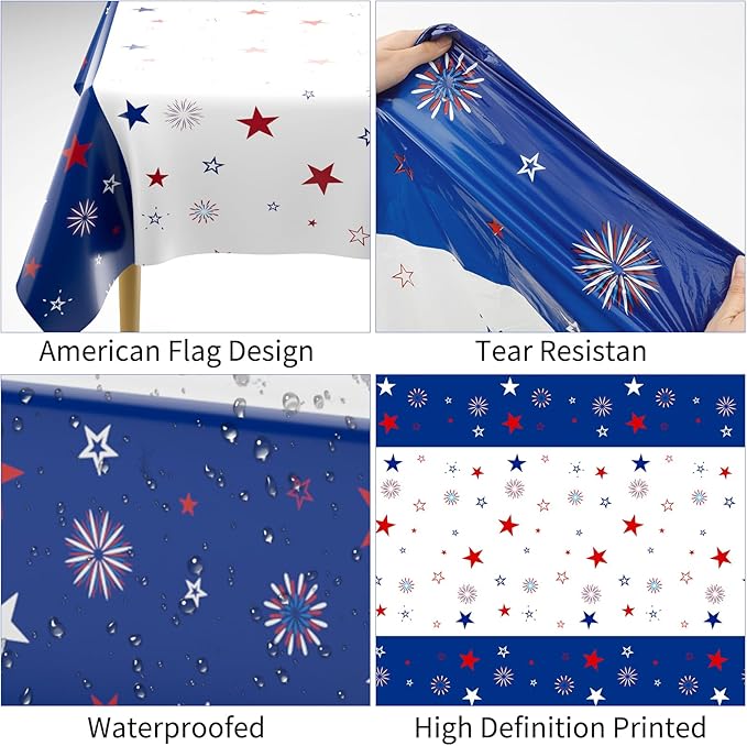 Patriotic Tablecloth Decorations for 4th of July Independence Day, American Flag Plastic Disposable Rectangle Memorial Day Table Cover for Patriotic Themed Party Supplies, 54 x 108 Inch,3 Pack