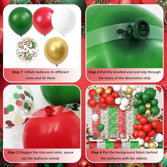 140pcs Christmas Party Balloon Set, Merry Xmas Balloons with Table Skirts and Foil Fringe Tinsel Curtains for Winter Holiday Party Decorations
