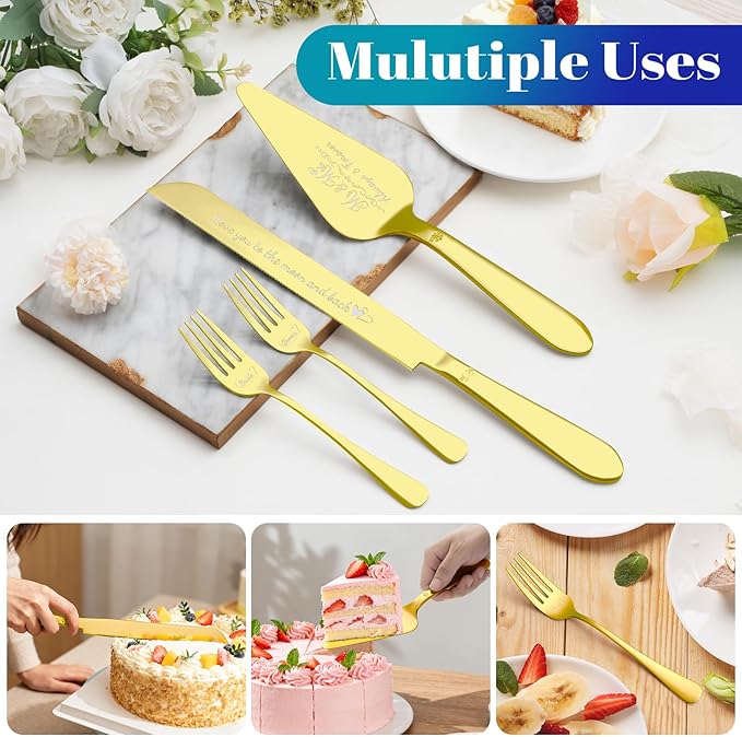 Cake Cutting Set for Wedding, Elegant Cake Knife and Server Set with Stainless Steel Forks, Cake Cutter and Pie Spatula for Engagements, Anniversary, Bride and Groom, 4Pcs, Gold