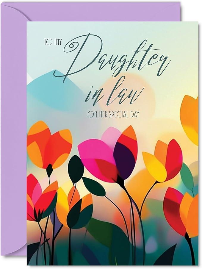 Daughter in Law Birthday Card - Vibrant Summer Flowers - Vivid Happy Birthday Card for Daughter in Law from Mother Mum Father Dad, A5 Female Floral Bday Golden Greeting Cards