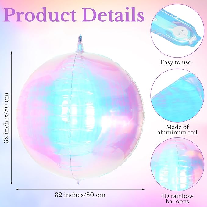 3 Pcs 32 Inch Iridescent 4d Round Ball Balloons Holographic Balloons for Spring, Clear Foil Decor Folding Rainbow for Under the Sea Mermaid Groovy Party, Stage, Wedding, Birthday Party