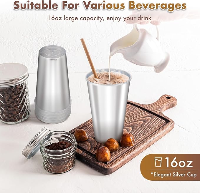 Disposable Plastic Cups 50 Pcs 16oz Silver Drinking Cup. These Disposable Cups for Both Hot and Cold Drinks, Including Coffee and Cocktails. Ideal for Weddings, Birthdays, Parties, and Picnics